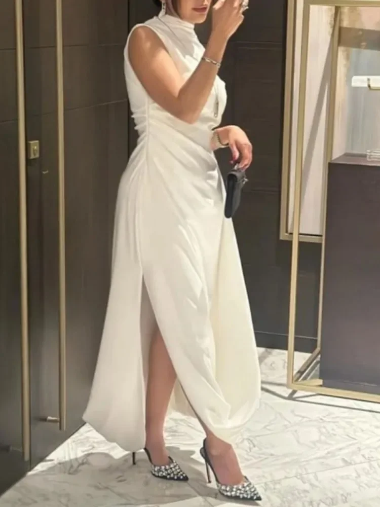 Female Ladies Solid White Elegant Evening Dress High Neck One-shoulder Flying Sleeve Slim Fit Maxi Dress for Women