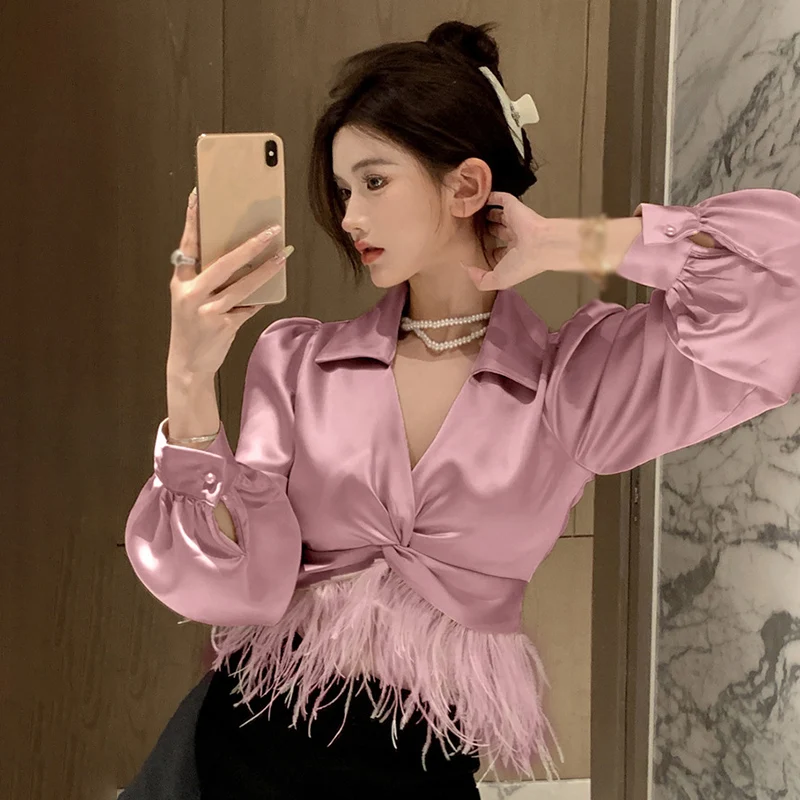 Women  Feather Shirts Chic Sexy Blouse  Elegant Satin Tassel Patchwork  Crop Tops Long Sleeve Slim Solid Ladies