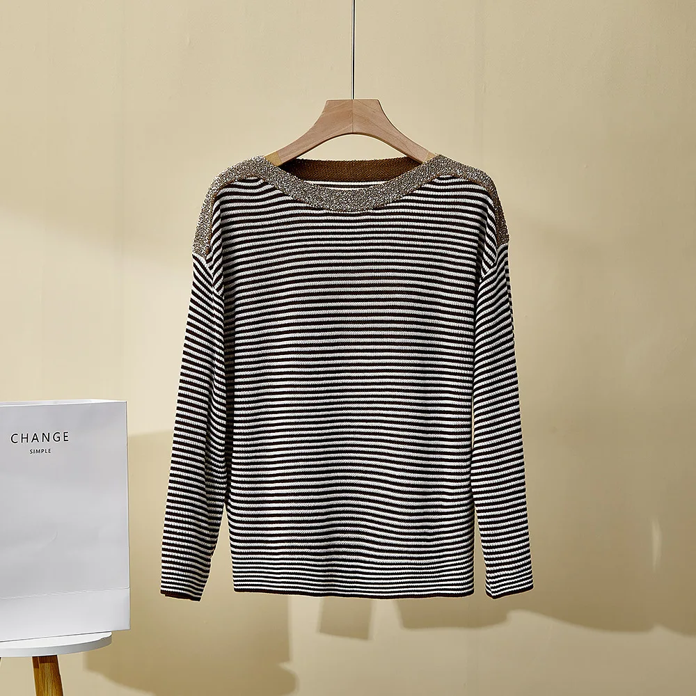 

Women's Spring Summer B*C New All-match Sequin Color Striped Sweater