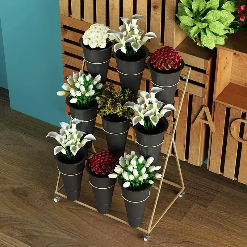 Florist flower stand flower display rack multi-layer ladder movable with wheels flower awakening bucket rack floral art shelf
