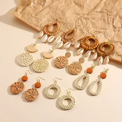Bohemia White Brown Rattan Knit Raffia Drop Earrings for Women Handmade Geometric Round Summer Beach Earrings Jewelry