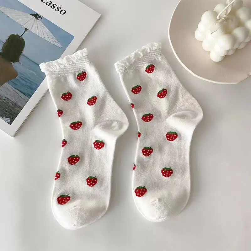 Women Socks Cotton Cartoon Heart Flower Prints Socks Cute Animal Funny Ankle Socks Ladies Invisible Socks White Soks