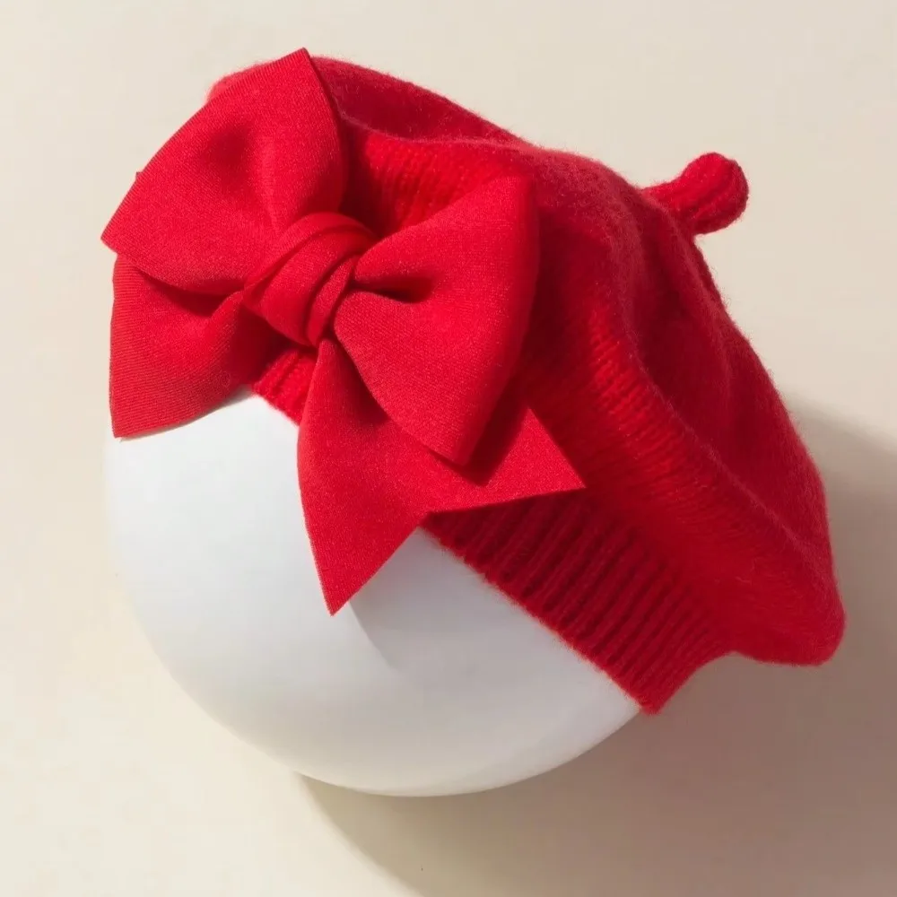 

New Knitted Beret Hat Solid Color Soft Painter's Hat Spring Hair Accessories Bow Hat for Newborn 1-3 years
