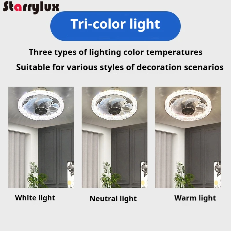 Remote Control 3 Color Dimmable Quiet Crystal Ceiling Fan with Light E27 Screw Base Invisible Blades,220V