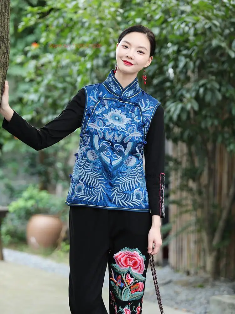 

2024 chinese women vest national flower embroidery sleeveless waistcoat traditional oriental ethnic satin vest casual gilet