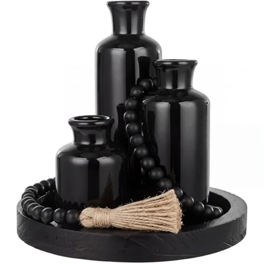 

5 Pcs Rustic Tabletop Centerpieces Decor Set of 3 Boho Ceramic Vases with Wooden Serving Tray Wood Bead Garland Tassels Table H