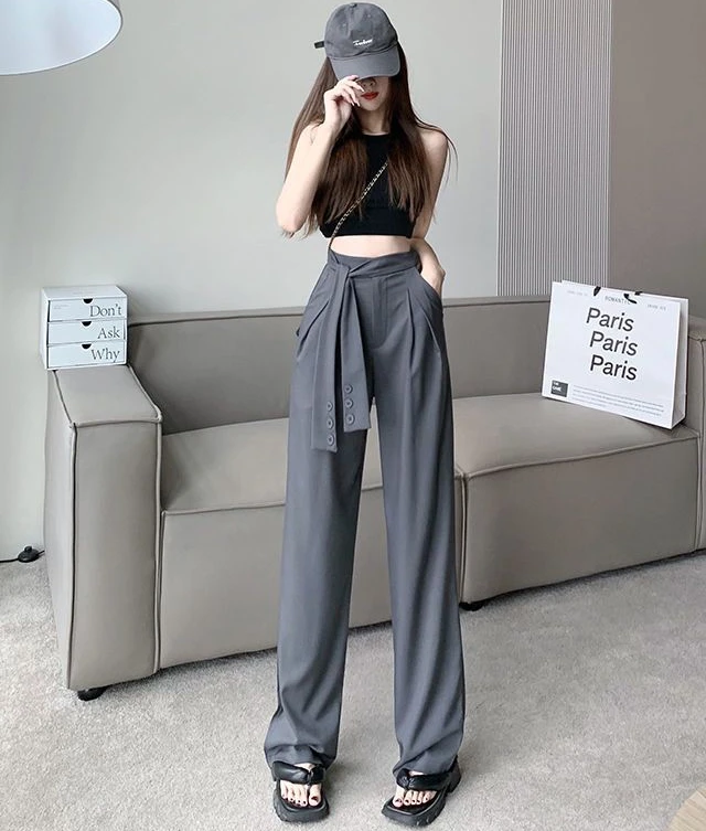 Pantaloni Donna Larghi In Lino E Cotone Con Vita Alta Elastica E Tasche - Eleganti E Casual