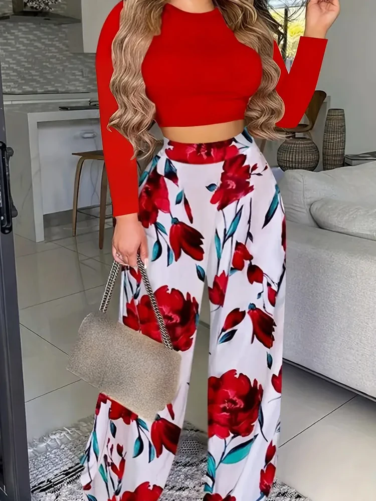 Autumn Casual Fashion Two-piece Set Female Solid Long Sleeve O-Neck Tops & Floral Print Wide Leg Pants Outfits Women\'s Clothing