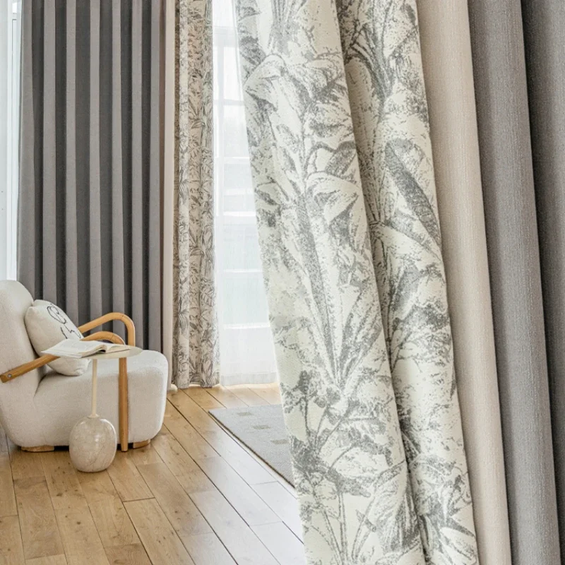 

Chenille Jacquard Curtains for Living Room Bedroom Gray Leaves Retro American Luxury French Simple Modern Splicing Window Custom