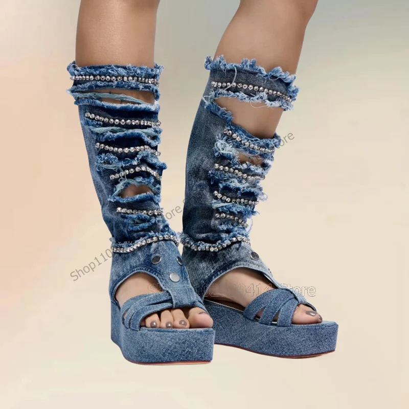 Blue Denim Crystal Decor Ruffles Design Sandals Boots Back Zipper Women Shoes High Top Open Toe Fashion 2024 Zapatos Para Mujere