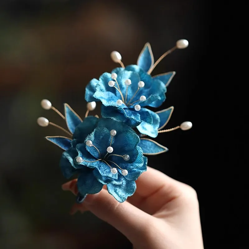 

FXLRY Original Design Handmade Vintage Pearl Flower Updo Headwear Blue Hair Clips And Hair Accessories