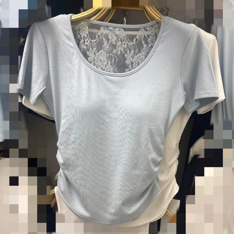 Back Hollow Out Lace Ropa De Mujer Short Sleeve Woman Clothing Pleated Tunic Clothes Summer T Shirt Pure Desire Style Camisetas