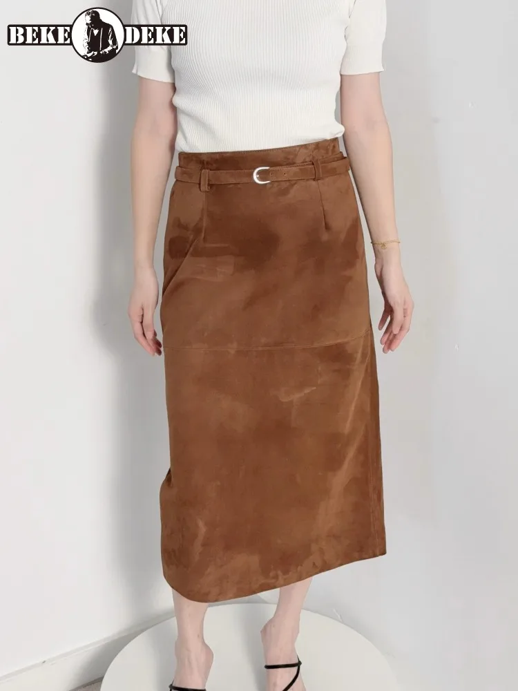 Office Lady Elegant High Quality Suede Genuine Leather Long Skirt High Waist Sashes Back Split Straight Vintage Mid Calf Skirts