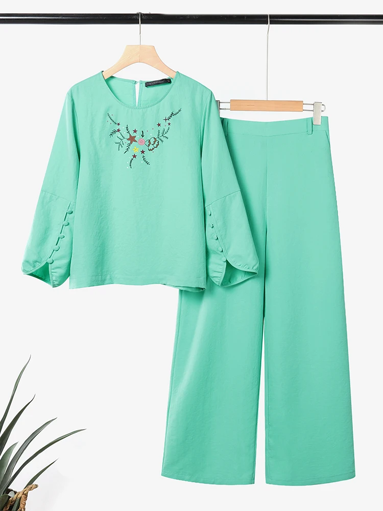 

ZANZEA Модная одежда из 2 предметов 2025 Элегантная женская блузка с длинным рукавом-фонариком и принтом Длинные широкие брюки Осенние комплекты брюк из 2 предметов