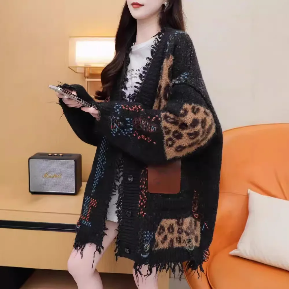 카디건 여성 스웨터 중간 길이 코트 캐주얼 루즈 풀 슬리브 점퍼 Y2k streetwear 우아한 니트 오픈 스티치 가을 겨울