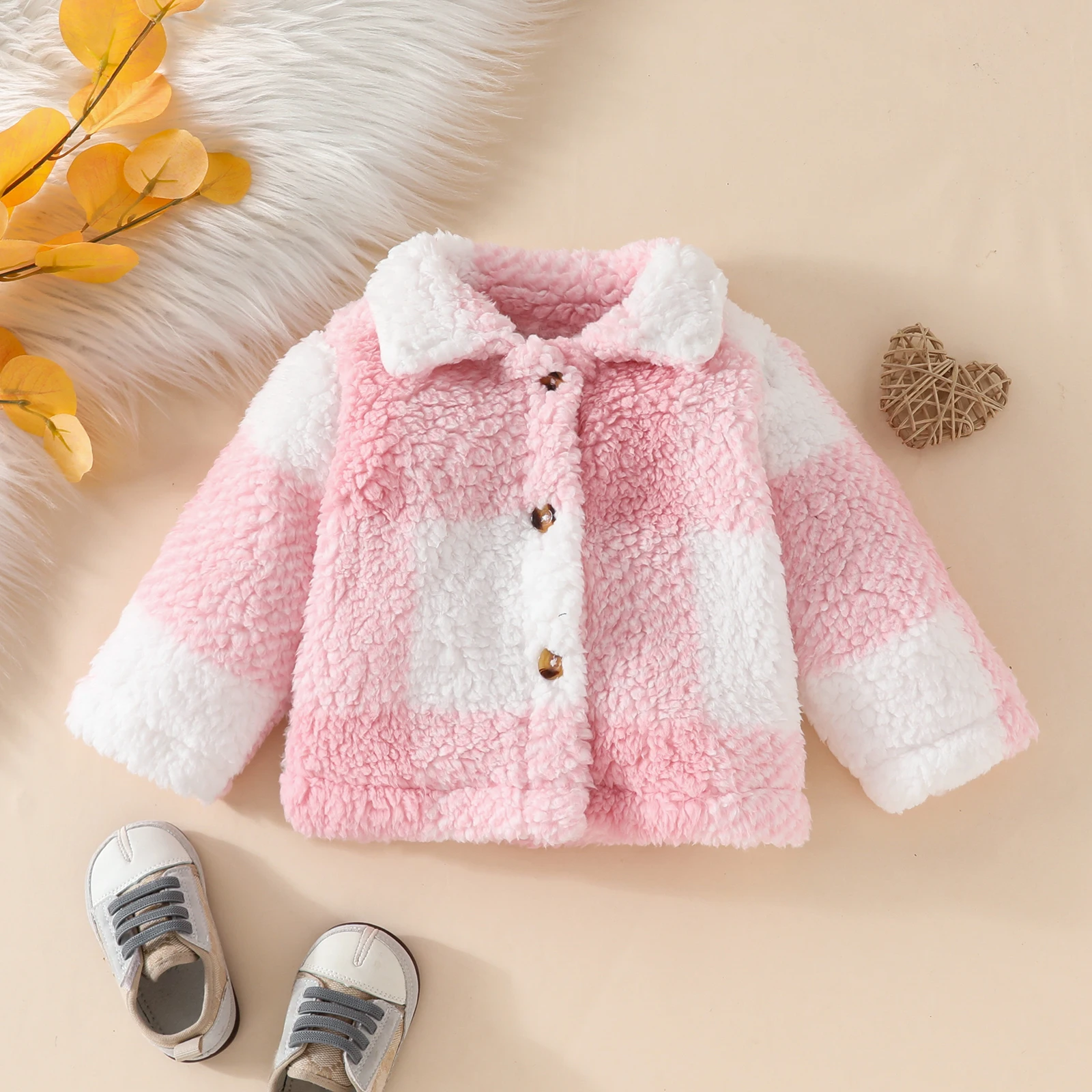 Toddler girl sweet lapel single breasted furry long sleeve coat Autumn Winter girl warm plaid coat