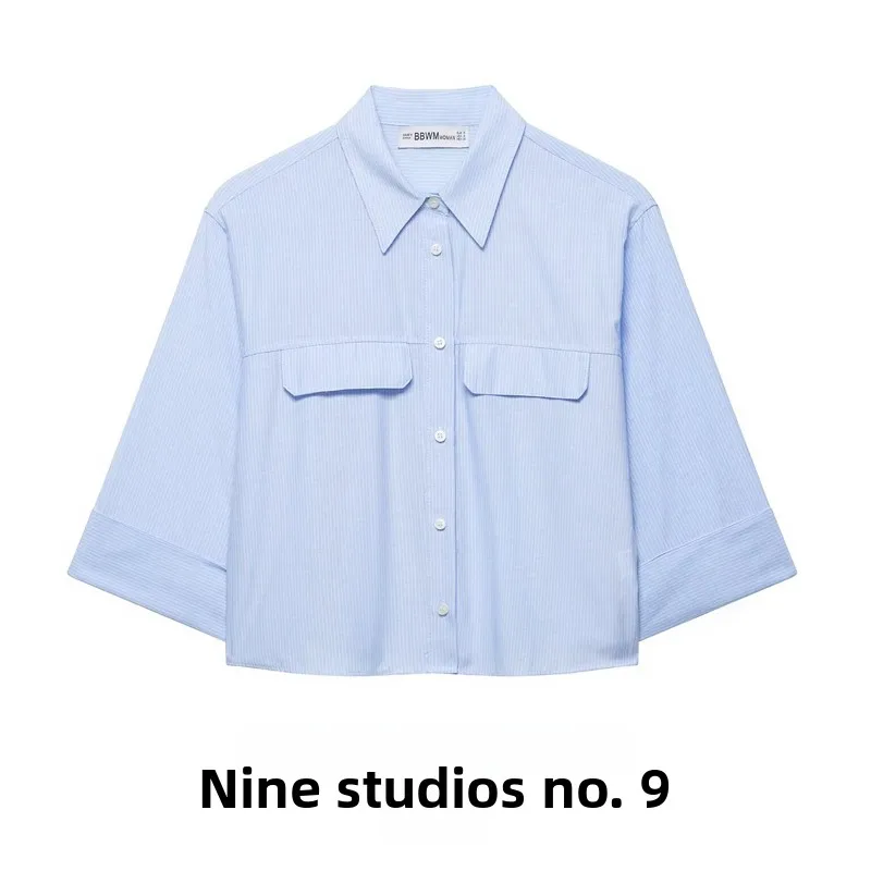 

NINE ZAR Women's Short Sleeve Shirt Striped Hidden Button Flip Cover European Style Loose Fit Polyester Fiber Seven Sleeve Le...