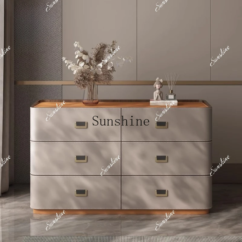 Italian light luxury solid wood saddle leather six bucket chest of drawers bedroom storage  FT