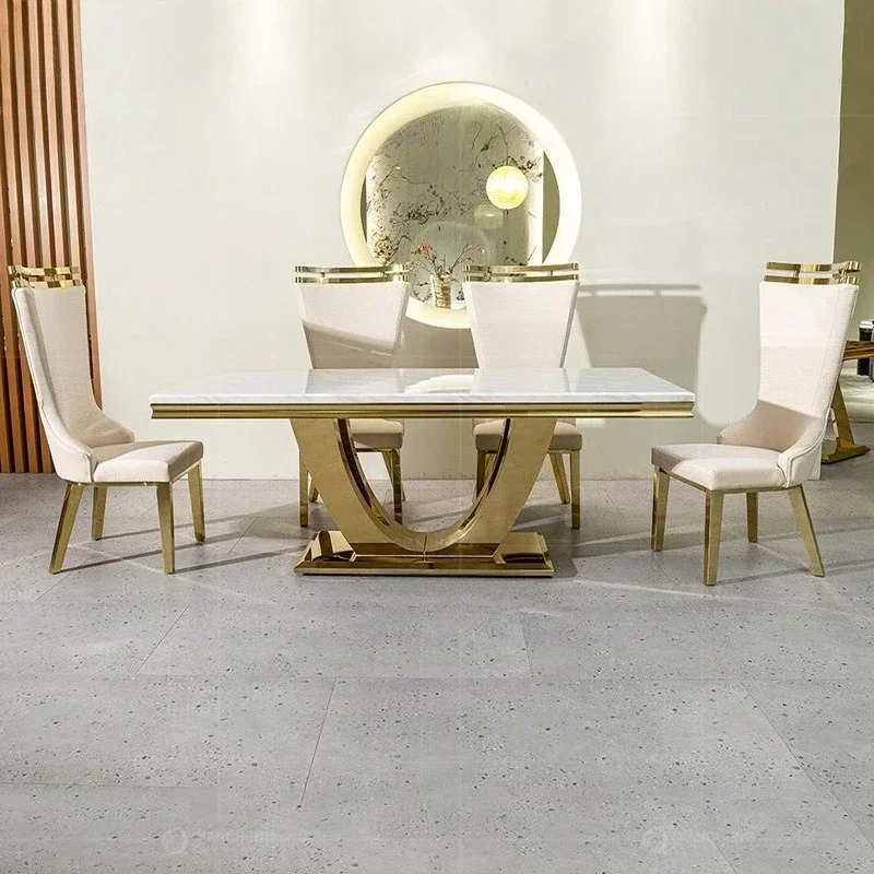 Light luxury rectangular stainless steel restaurant household marble dining table luxury dining table large