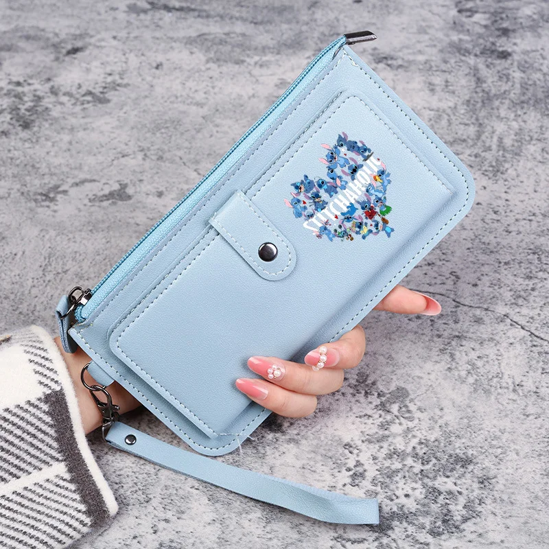 Disney Stitch Pochette lunga in vera pelle Porta carte Porta carte Multifunzione Portafoglio portatile con tasca per telefono di grande capacità