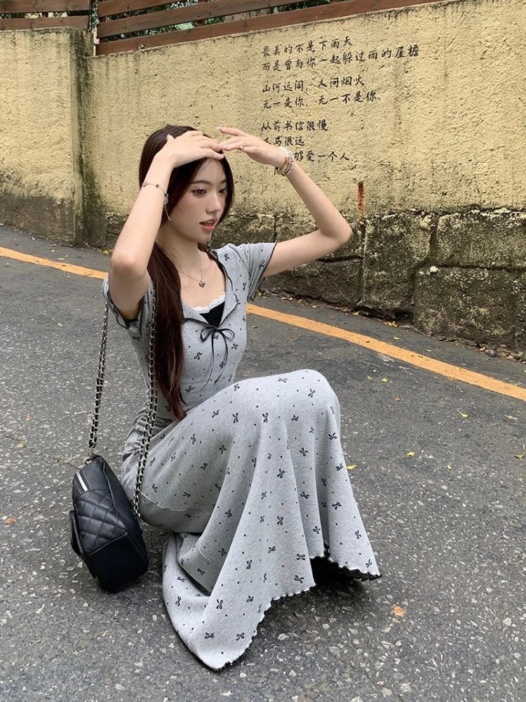 여성용 플로럴 반팔 드레스, 활 레이스 패치워크, 슬림 A 라인, 한국 스타일, 레저 올매치, 데일리 스위트, 페이크 2 개, 여름