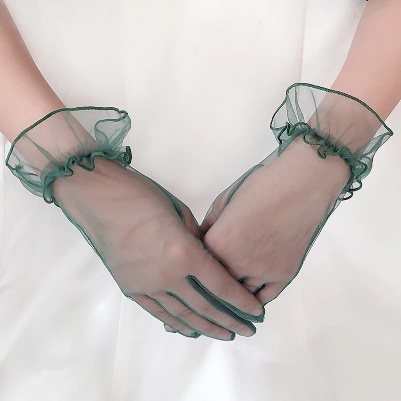 Short Tulle Gloves Women Sexy Lace Mittens Tulle Full Finger Gloves Driving Glove Transparent Mittens Wedding Bridal Gloves