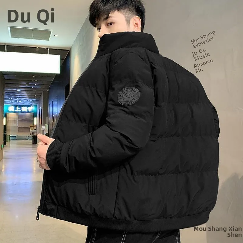 

Men's Warm Thi Feather Cotton Coat Stand Collar Faion Urban Sle Long Length Zipper Closure Side S kets Casual Wear
