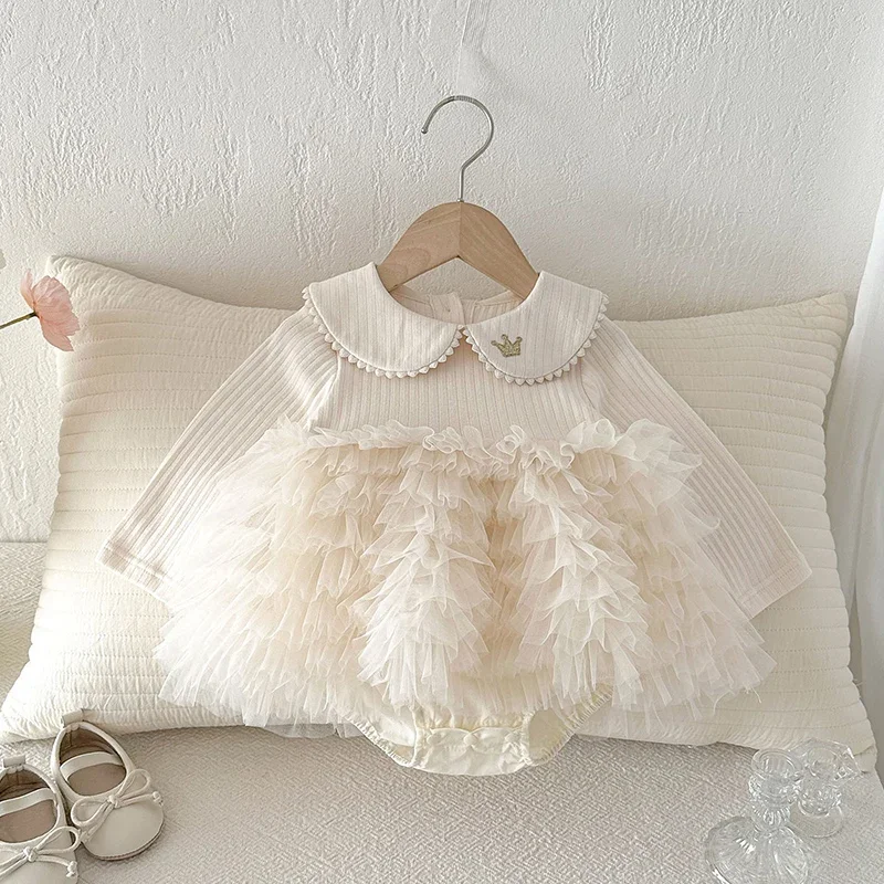 

2026 New Spring Infant Baby Girls Jumpsuit Long Sleeved Cotton Mesh Splicing Newborn Baby Girls Bodysuits 0-24M Baby Clothing