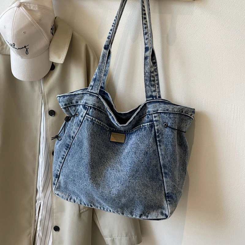 Retro Washed Denim Handbag 2024 Autumn New Lazy Versatile Tote Bag Large Capacity Commuting Drawstring Shoulder Bag for Women