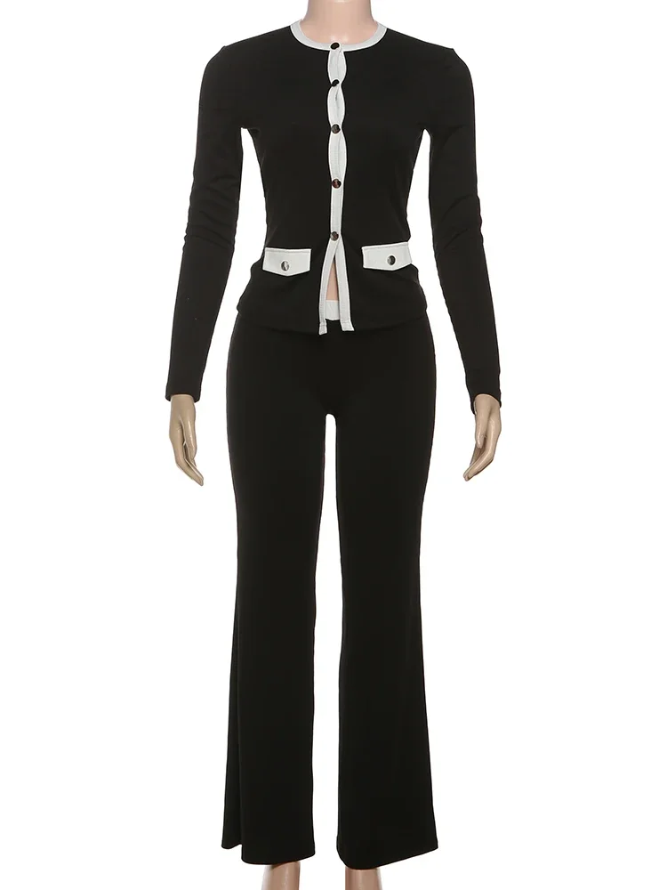 

Sisterlinda Classic Street 2 Piece Set Autumn Daily Panelled Trim Full Sleeve Single Breasted Tops+Slim Pants Female Casual Suit