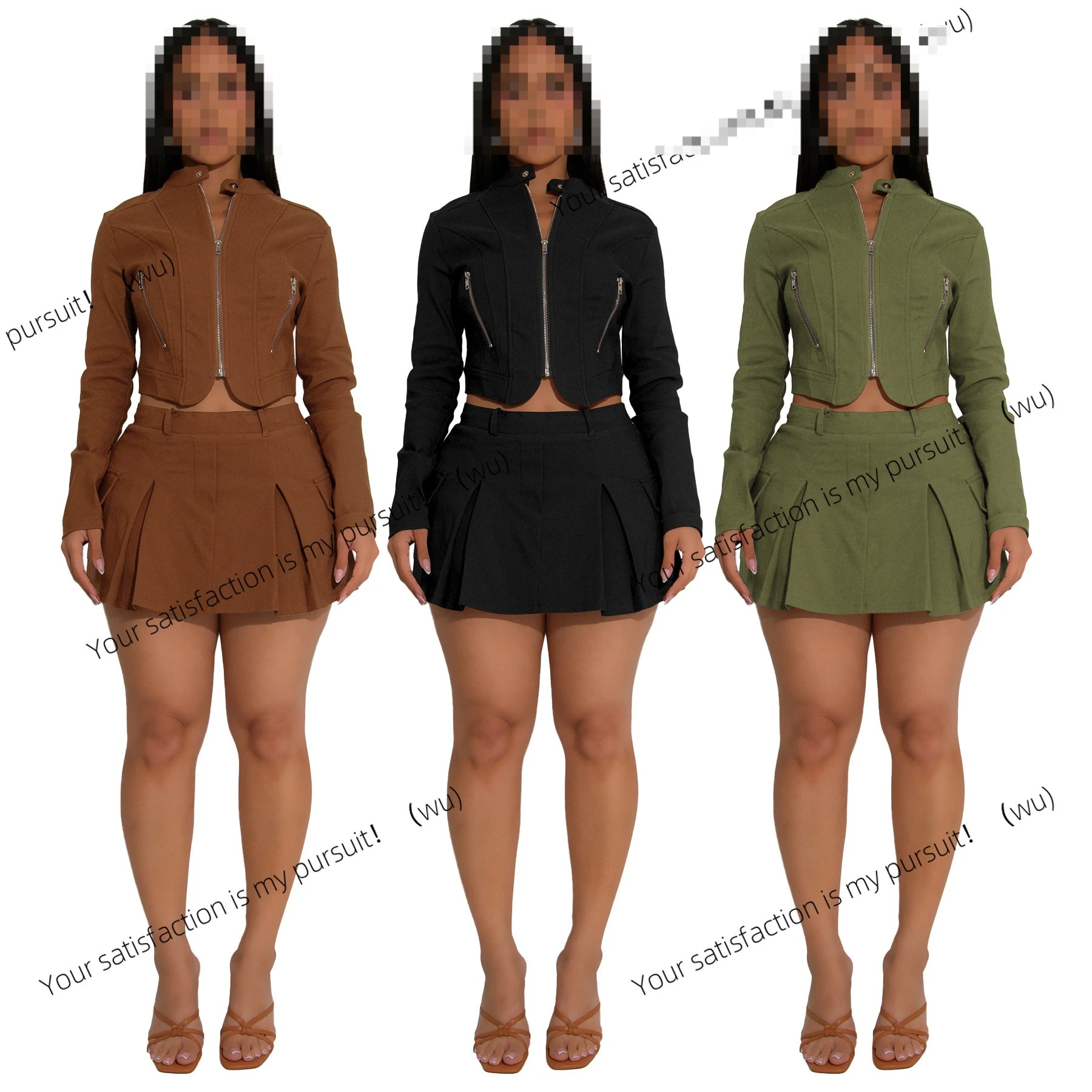 

Women's long-sleeved zipper top sexy skirt two-piece set new