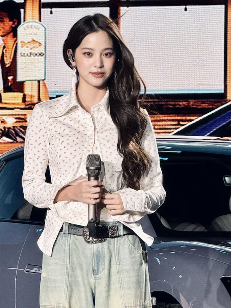 

Sweet Floral Print Slim Fit Long Sleeve Shirt Women's Single Button Collared Shirt Elegant Style Chinese Fashion Ladies' Top