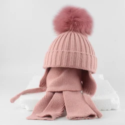 Winter Hat Scarf Set Kids Real Fox Fur Pompom Ball Beanies Baby Warm Knitted Wool Hat Toddler Earflap Skullies Girls Boys Bonnet