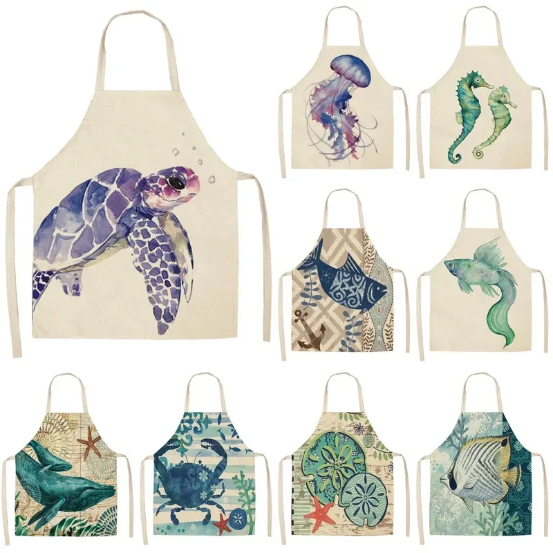 Marine Animals Printed Kitchen Chef Aprons for Women Kids Sleeveless Cotton Linen Bibs Cooking Baking Cleaning Tools 55x68cm