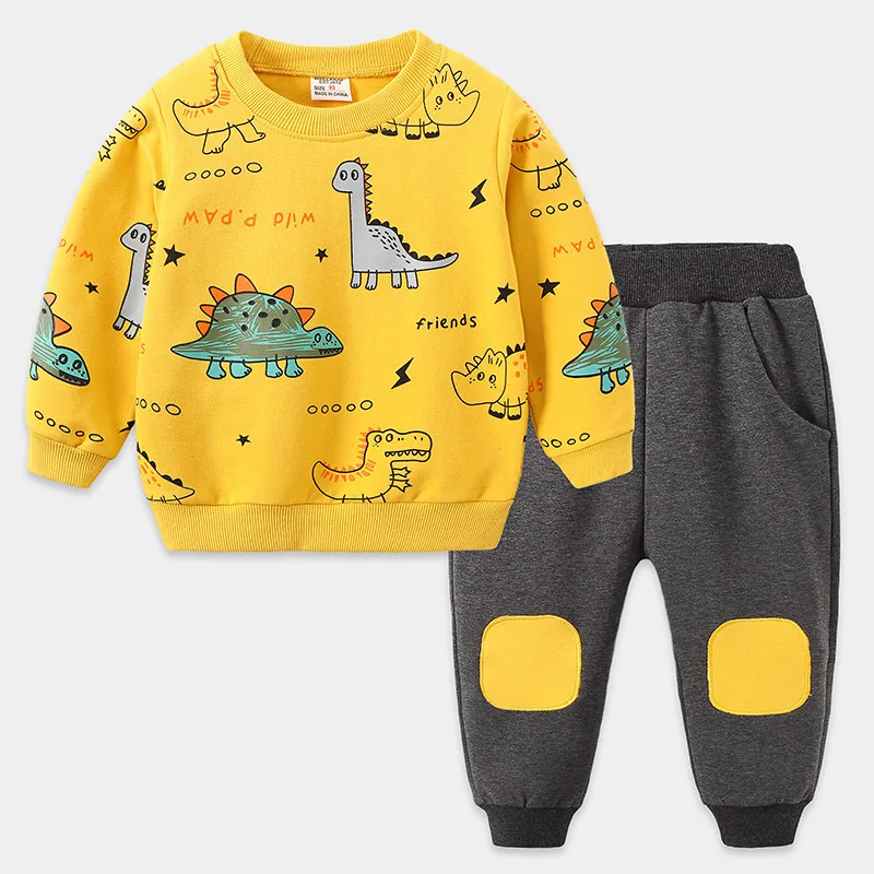 2025 Spring Autumn 2 3 4 5 6 7 8 Years Children Cotton Cartoon Student Loose Sweatshirt+Long Patchwork Pants 2 Pcs Kids Boys Set