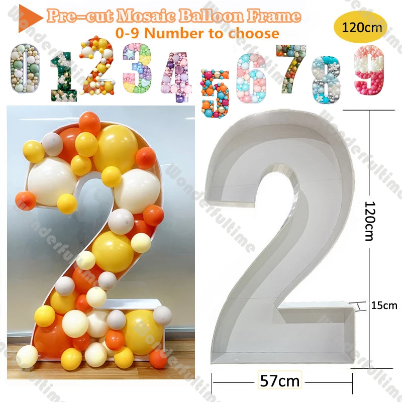 120cm Giant Balloon Number Filling Box Boy Girl 1st 2nd 3rd Birthday Pre-Cut Mosaic Balloon Frame Adult Anniversary Decoration