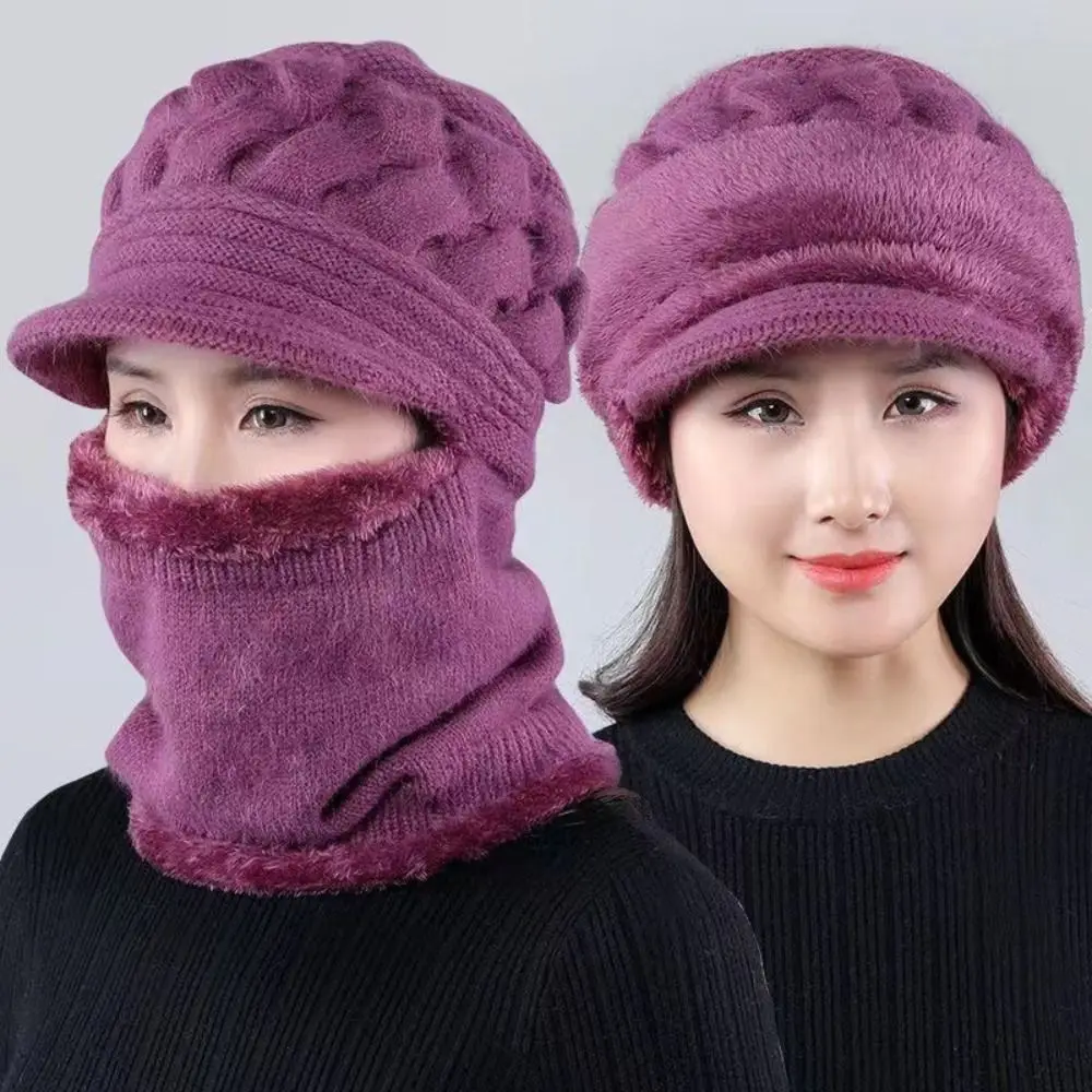 Gorro de punto con ala a prueba de viento para mujer, conjunto de calentador de cuello de forro polar, cálido, grueso, holgado, invierno, moda