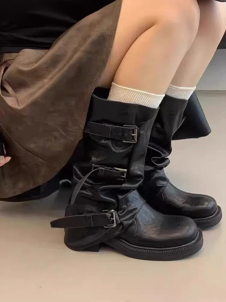 High-End Version Folded Belt Buckle Mid-Calf Boots Women's Outerwear Vintage Jeans Tube Western Cowboy Boots Fashionable