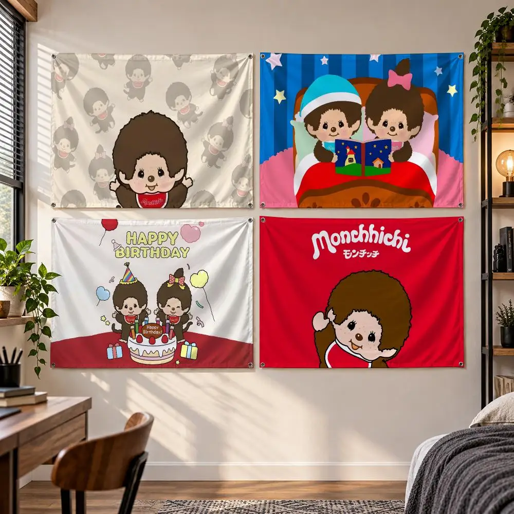 Character Retro Cute M-Monchhichi Flags Banner Decor for Bedroom,Garden,Party,Club,Gaming Room,Indoor Outdoor