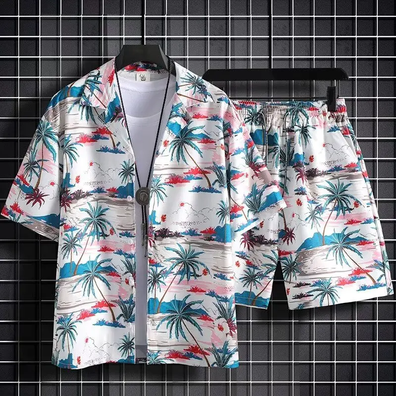 ensemble-de-plage-2-pieces-style-hawaien-pour-couples-t-shirt-de-plage-elegant-a-manches-courtes-et-short-de-bain-a-sechage-rapide-tenue-de-vacances-d'ete