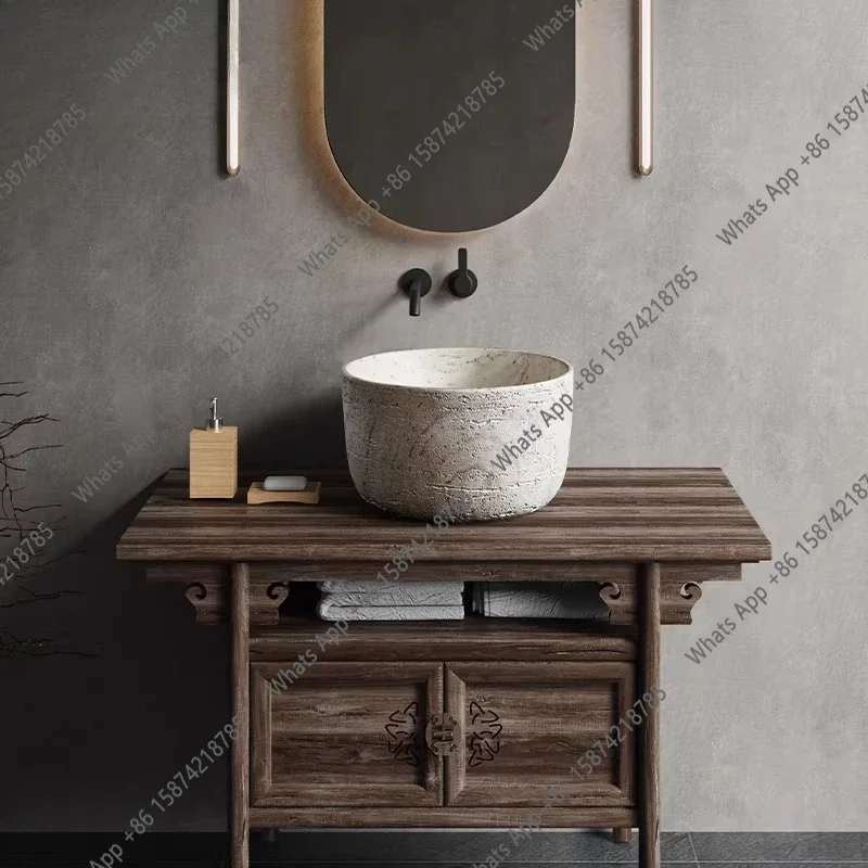 N64 Medieval style table basin wash basin designer high-end creative round wash basin travertine art personalized wash table