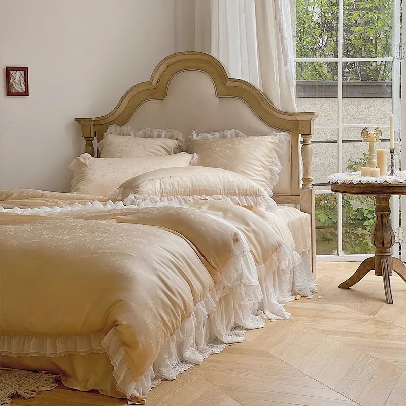 French little lady light luxury tencel jacquard lace four-piece princess style naked sleeping silky summer bedding