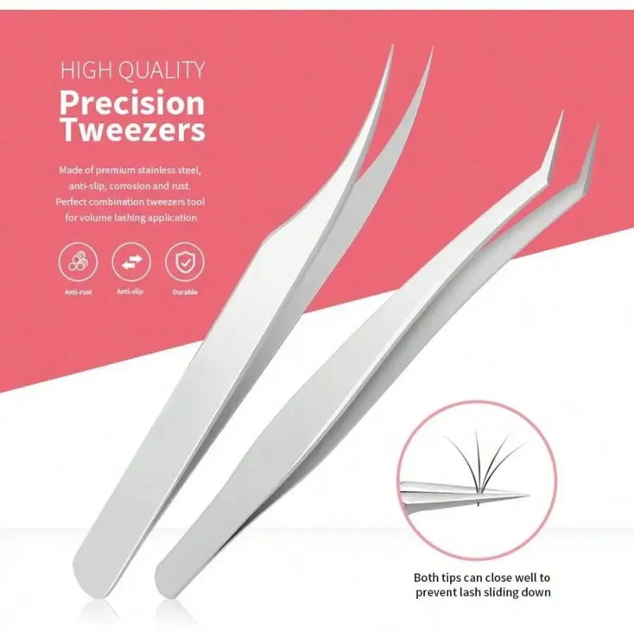 2PCS Eyelash Extension Tweezers, Stainless Steel Precision Lash Tweezers Set, Dolphin-Shaped & Curved Pointed Tip
