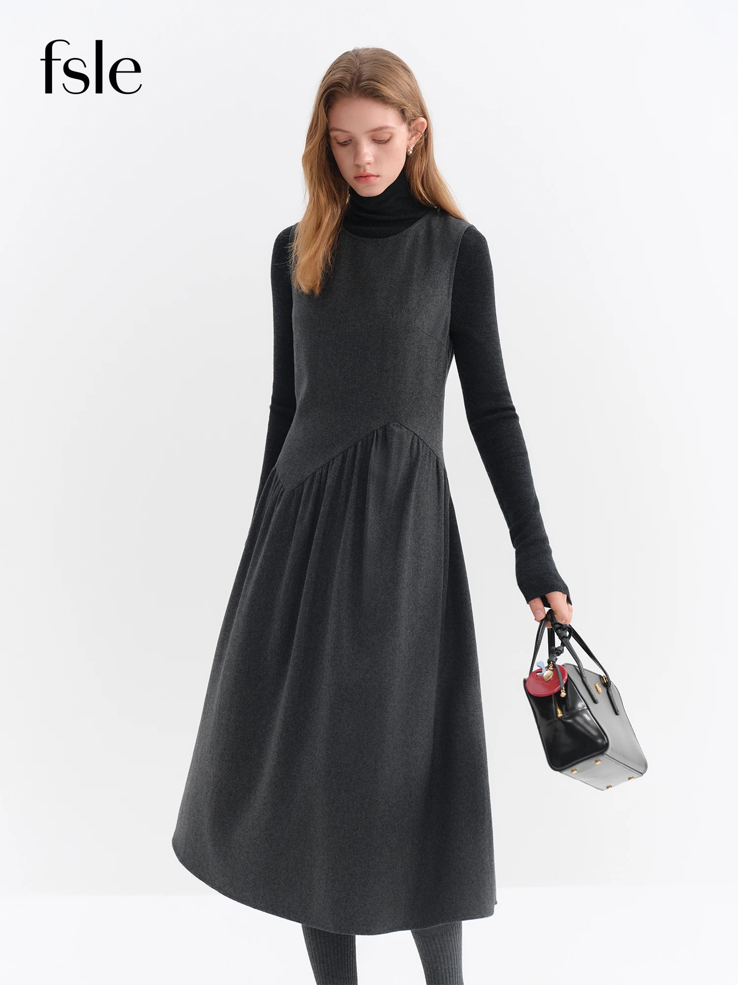 

FSLE Gray Wool Sleeveless Dress Women's Winter 2025 New A-line Skirt Vest Long Dresses Unisex Ins French Style Elegant