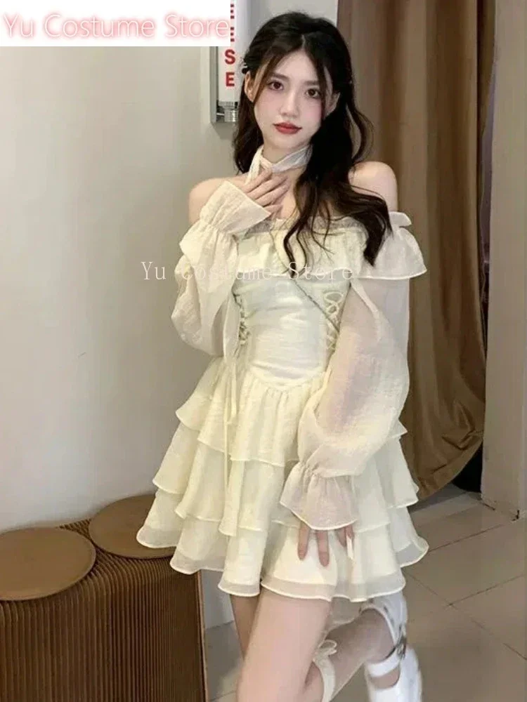 

Yu Dresses Women Slash Neck Clothes Aesthetics Korean Fashion Slim Hotsweet Ruffles Princess Girlish High Waisted Chic Kawaii