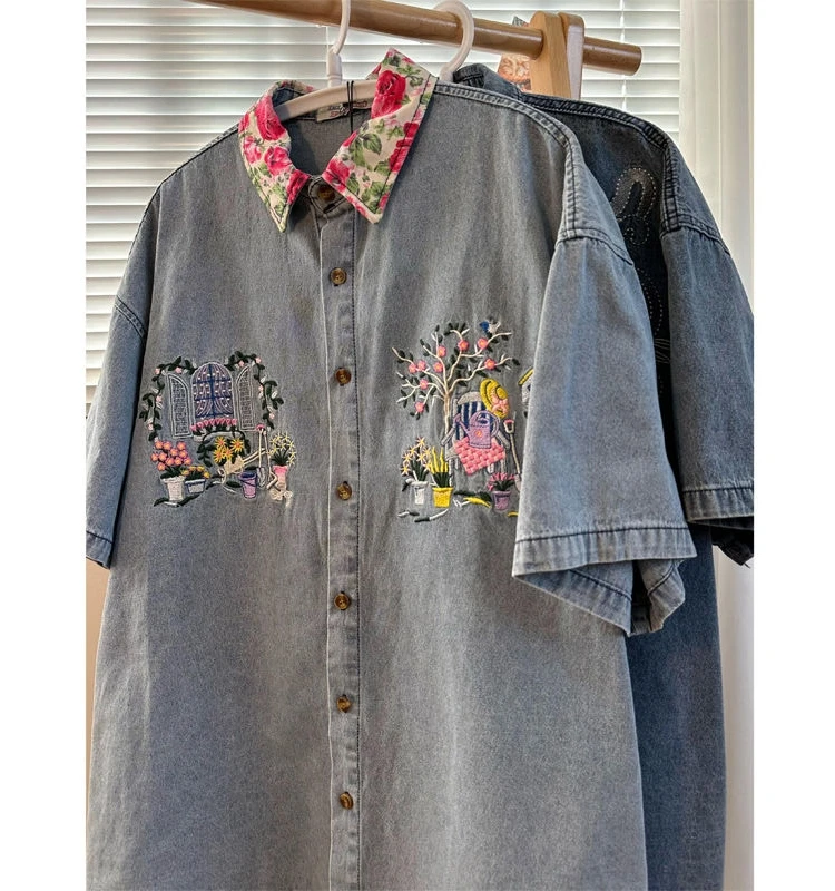 

Extra Large 300 Pounds Embroidered Short Sleeve Denim Shirt Men's Summer American Retro Trendy Brand Couple Jacket Top