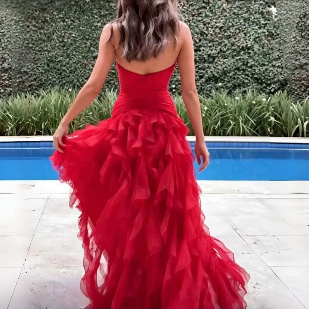 Strapless Chiffon Evening Dress For Women Twist Ruched Waist Tiered Ruffle Maxi Gown A Line Formal Wedding Guest  Party  Dress