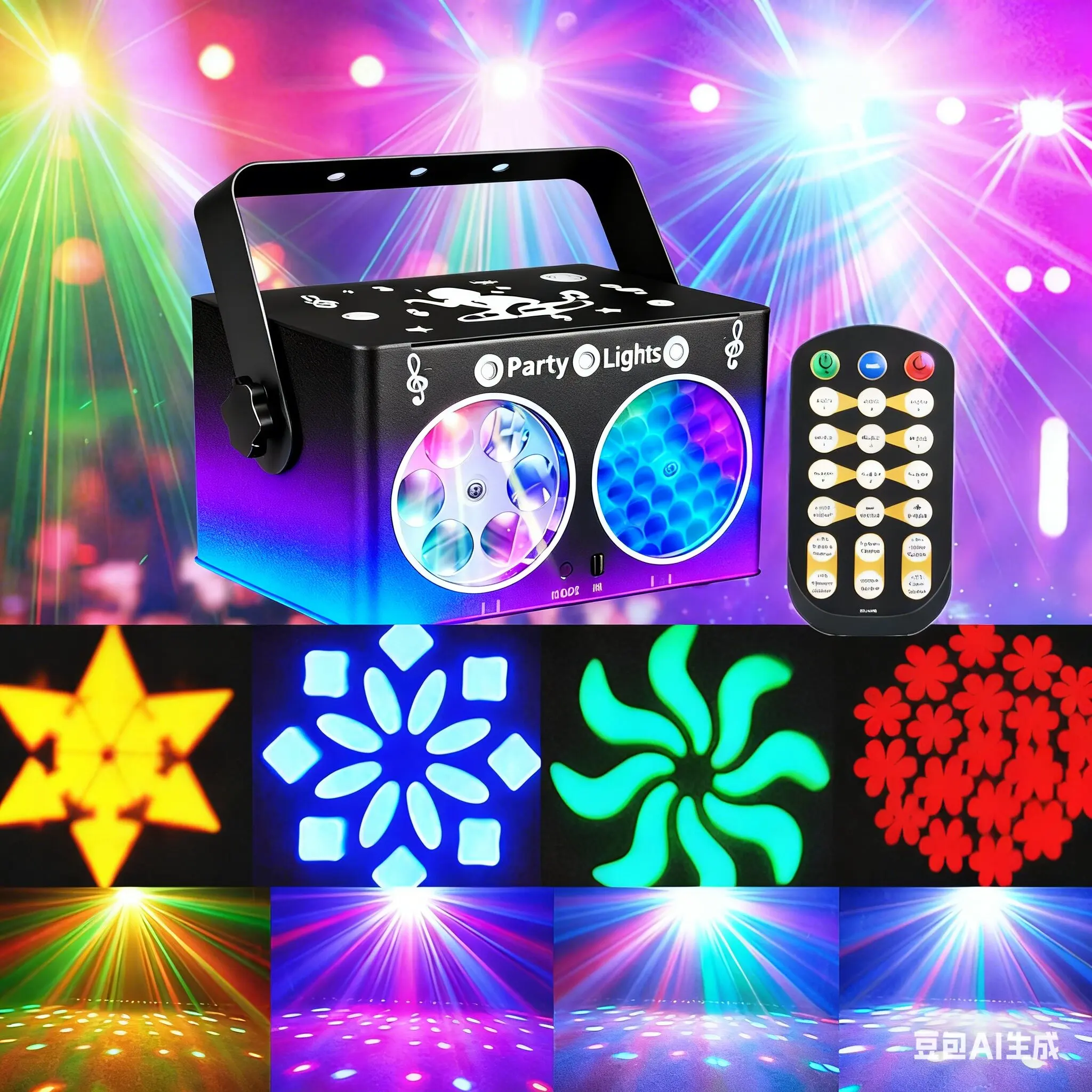 

Party lights, DJ disco balls, LED 3in1 pattern light points, Par lights, flashing frequency projection lights, atmosphere lights