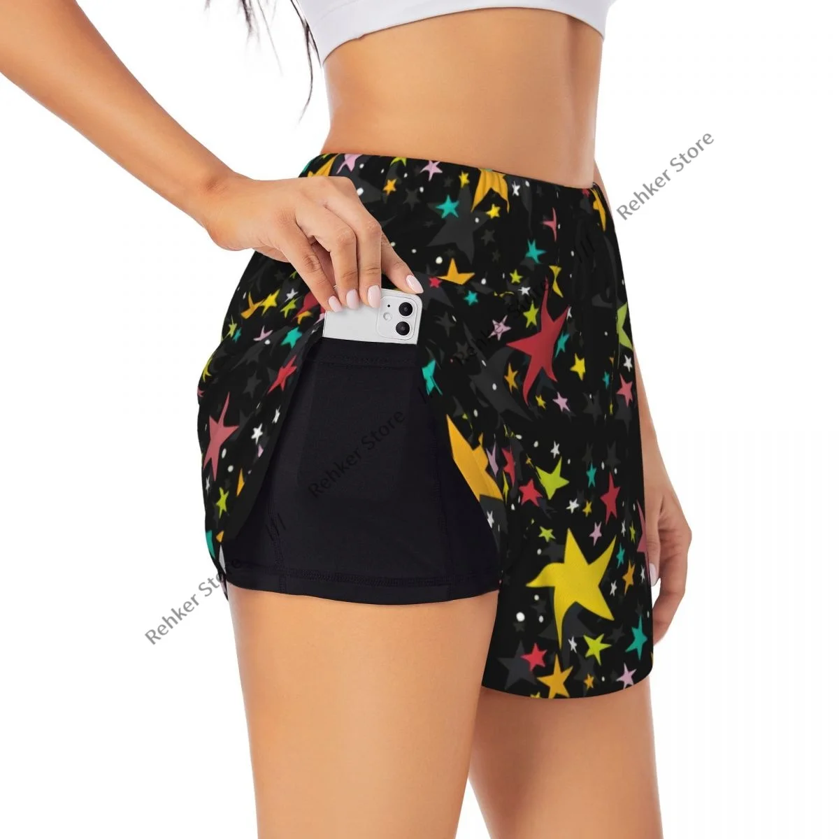 Yoga-Shorts für Damen, Fitness-Shorts, Biker, Workout, Laufen, Sport-Shorts, Sterne-Muster, schnell trocknende Sportbekleidung mit Tasche