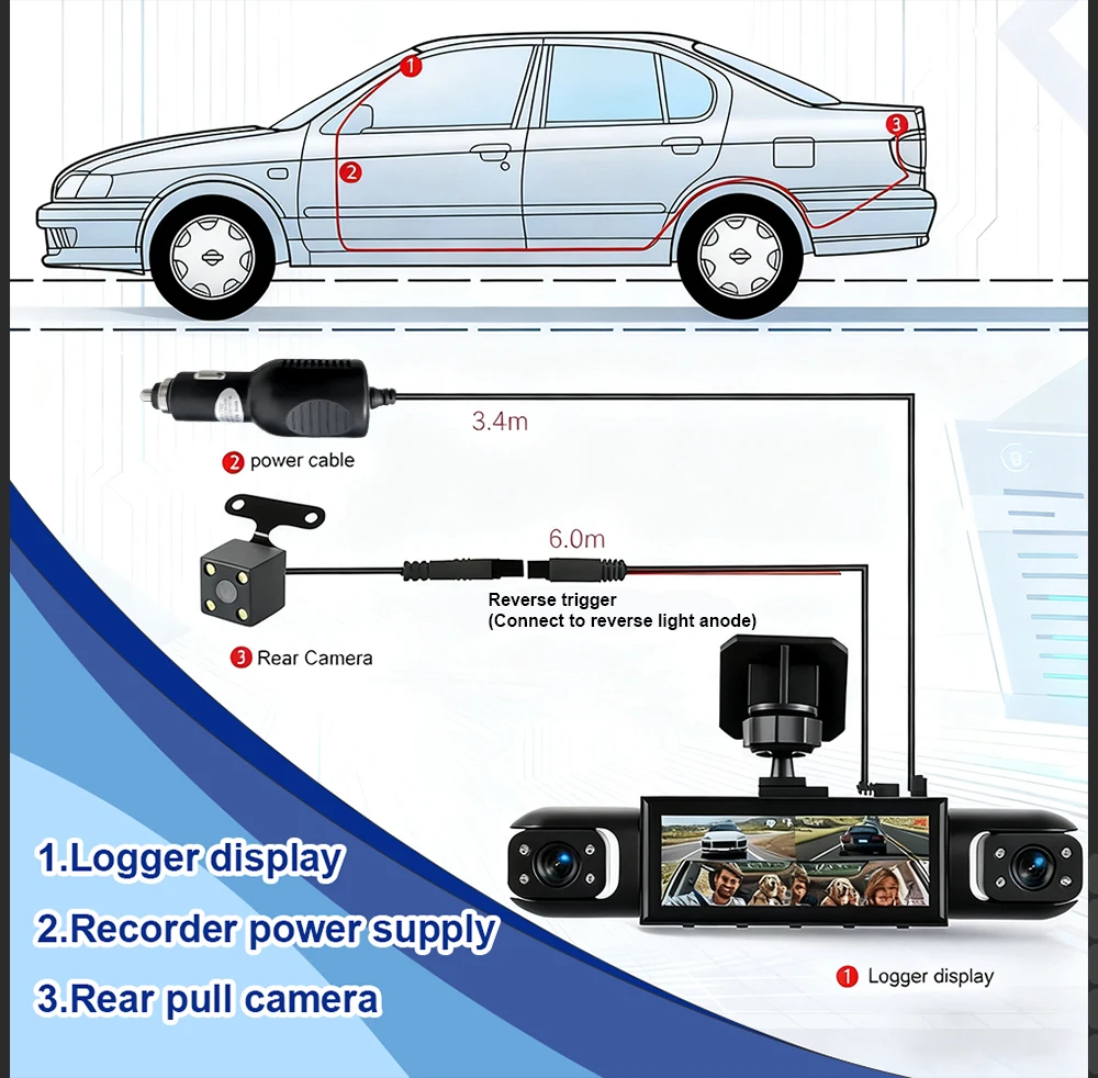 Fits all vehicle models 3.16inch IPS Display 1080P Quad-Lens HD Dashcam with 480P Interior Left Interior Right and Rear Cameras